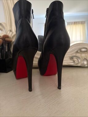 Black Leather High Heel Ankle Boots with Red Sole